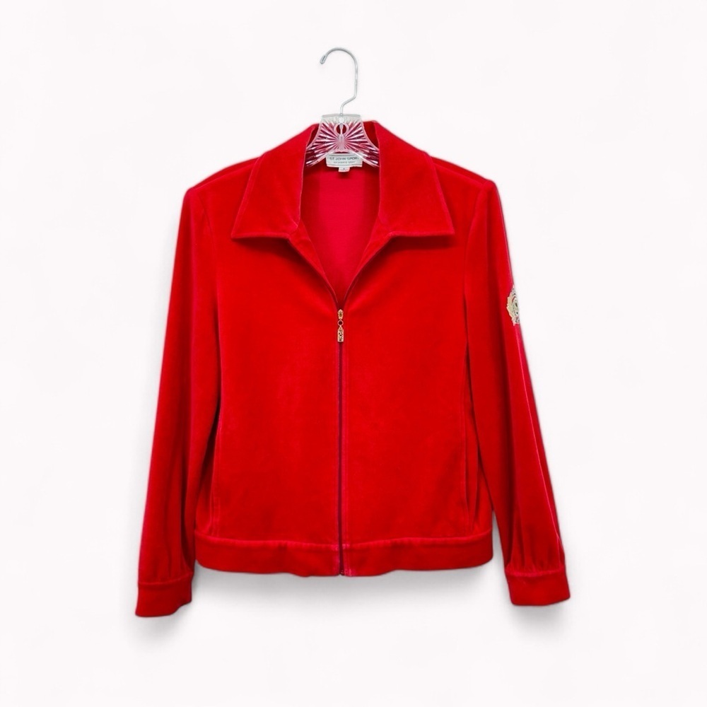 St. John Women's Red Velvet Jacket Cardigan Sweater Zippered Size Small Pockets